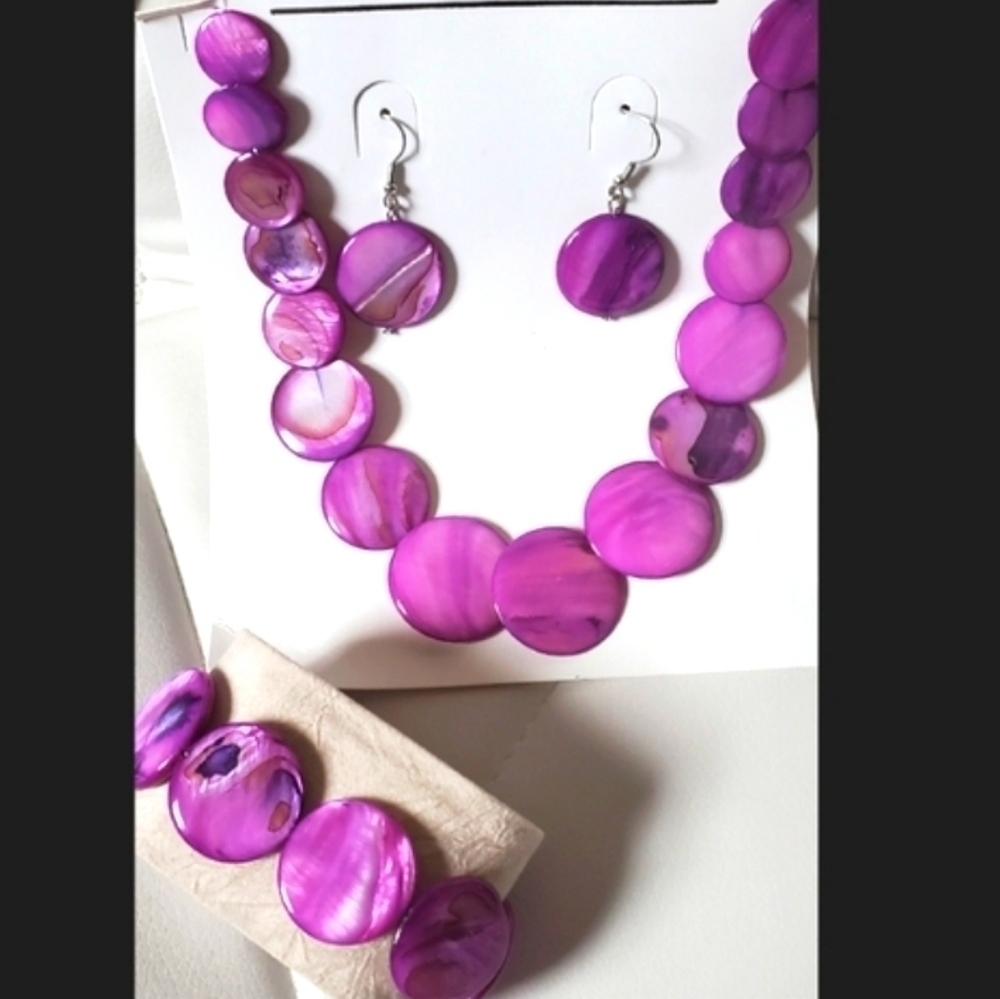 Pearl Necklace Earrings Bracelet Set Stainless Steel Purple